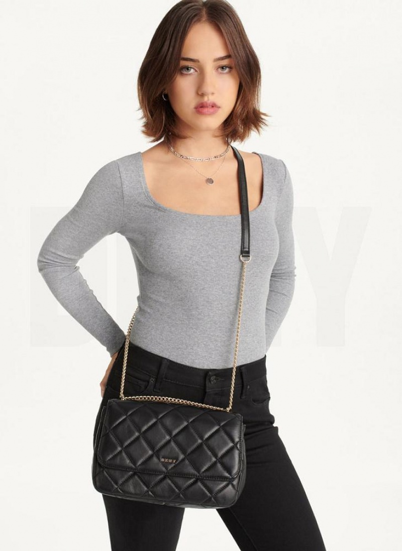 Black / Gold Women's DKNY Lara Large Quilted Shoulder Bags | Australia-D1480
