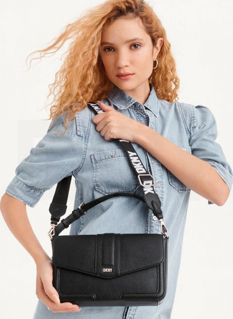 Black / Gold Women's DKNY Maxxe Flap Shoulder Bags | Australia-D0750