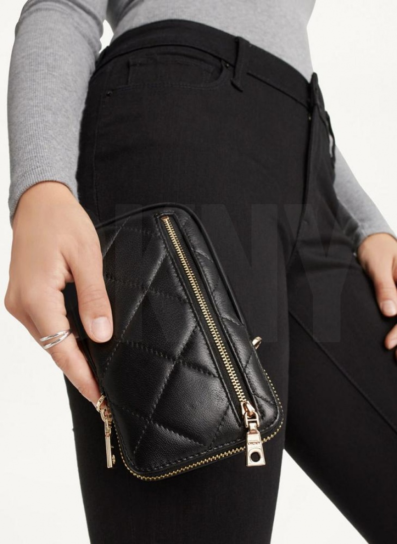 Black / Gold Women's DKNY Quilted Phone Crossbody Bags | Australia-D1339