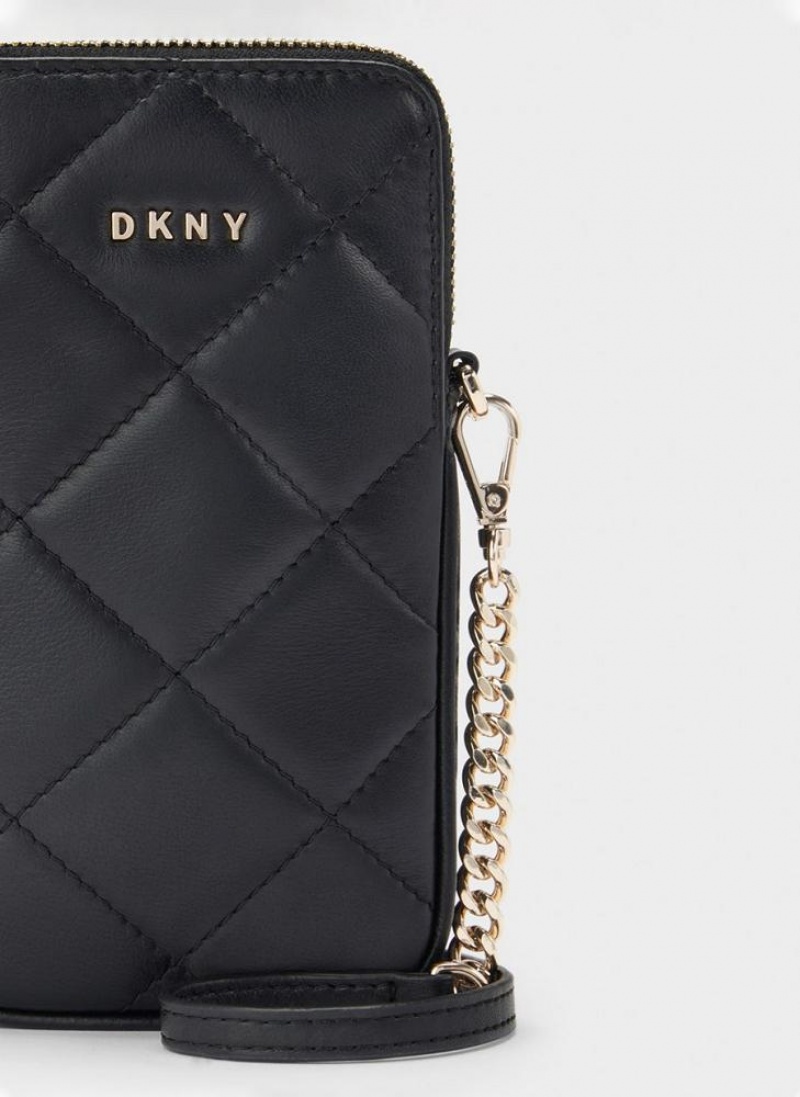 Black / Gold Women's DKNY Quilted Phone Crossbody Bags | Australia-D1339