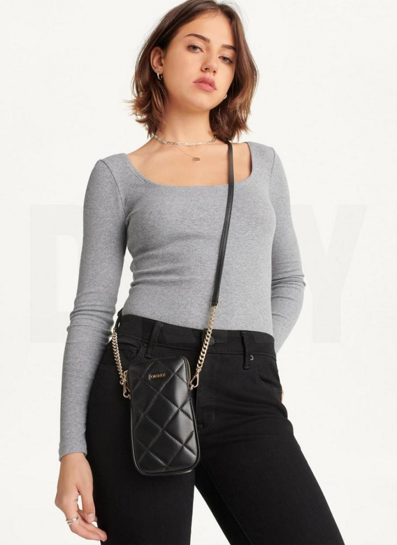 Black / Gold Women's DKNY Quilted Phone Crossbody Bags | Australia-D1339