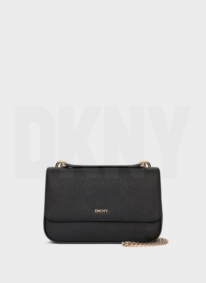 Black / Gold Women's DKNY Sina Flap Shoulder Bags | Australia-D1762
