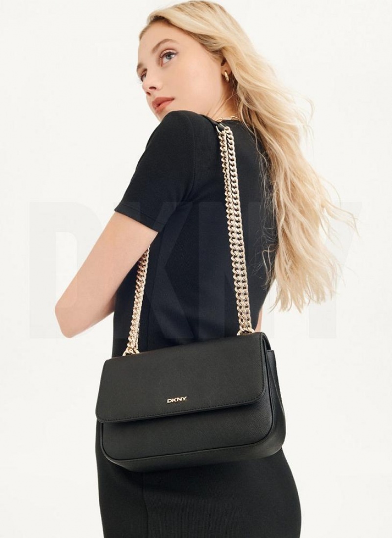 Black / Gold Women\'s DKNY Sina Flap Shoulder Bags | Australia-D1762