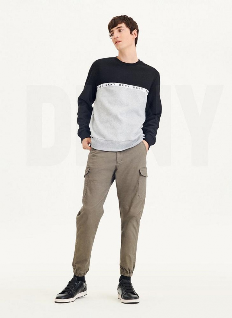 Black / Grey Men's DKNY Logo Fleece Crew Sweatshirts | Australia-D1949
