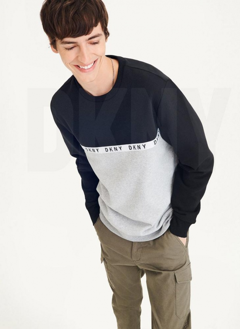 Black / Grey Men's DKNY Logo Fleece Crew Sweatshirts | Australia-D1949