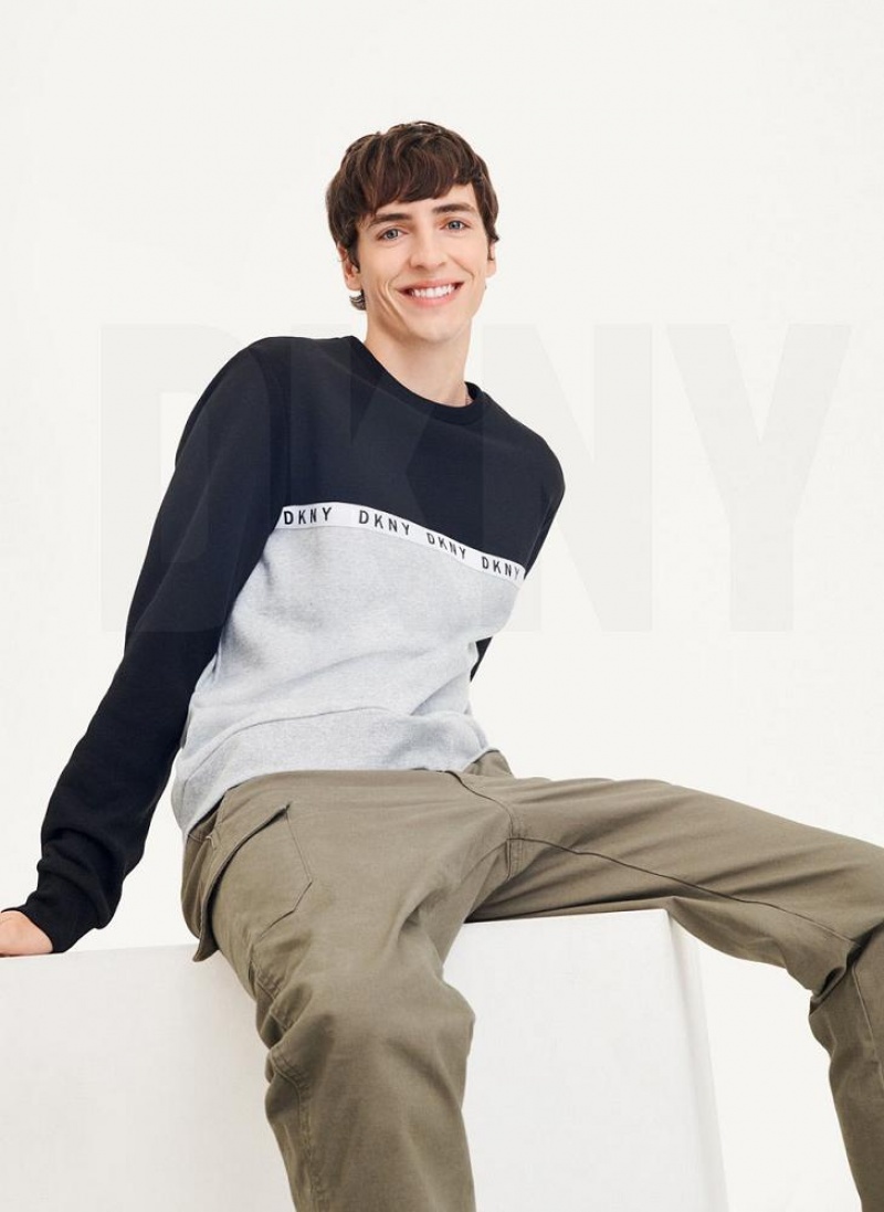 Black / Grey Men's DKNY Logo Fleece Crew Sweatshirts | Australia-D1949