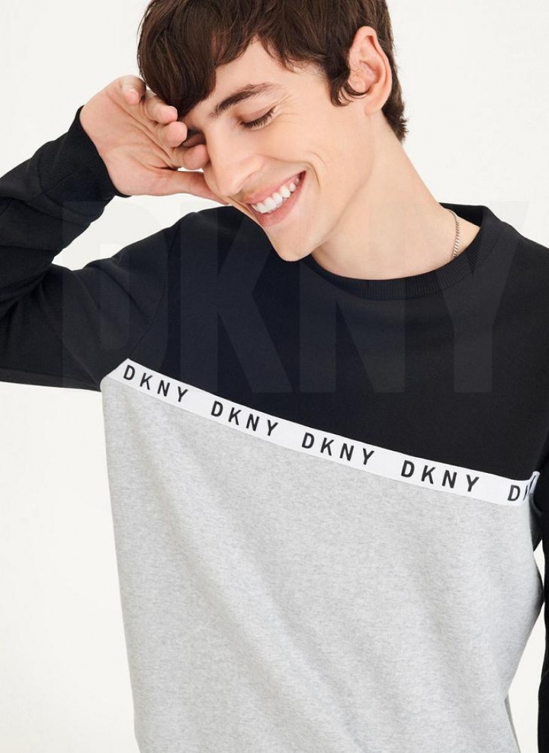 Black / Grey Men\'s DKNY Logo Fleece Crew Sweatshirts | Australia-D1949