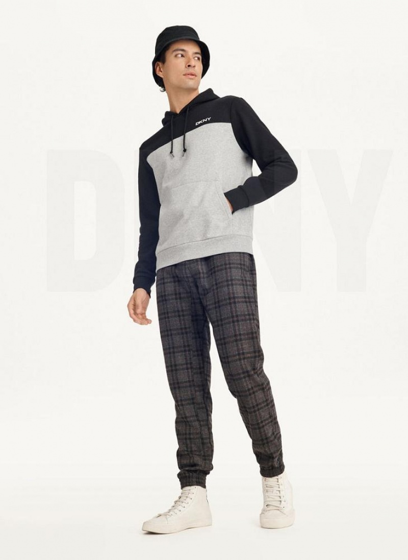 Black / Grey Men's DKNY Logo Fleece Hoodies | Australia-D0364