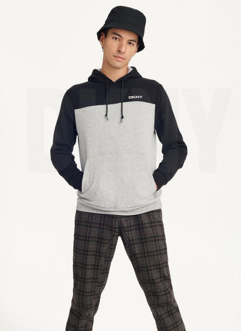 Black / Grey Men's DKNY Logo Fleece Hoodies | Australia-D0364