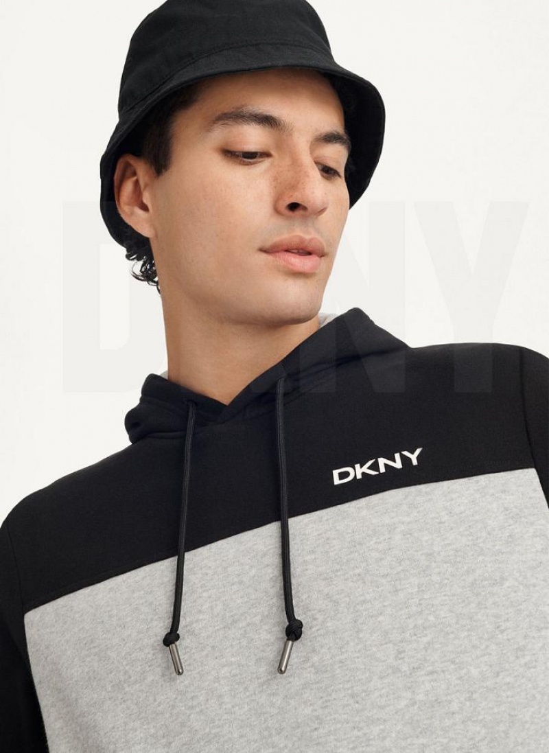 Black / Grey Men's DKNY Logo Fleece Hoodies | Australia-D0364