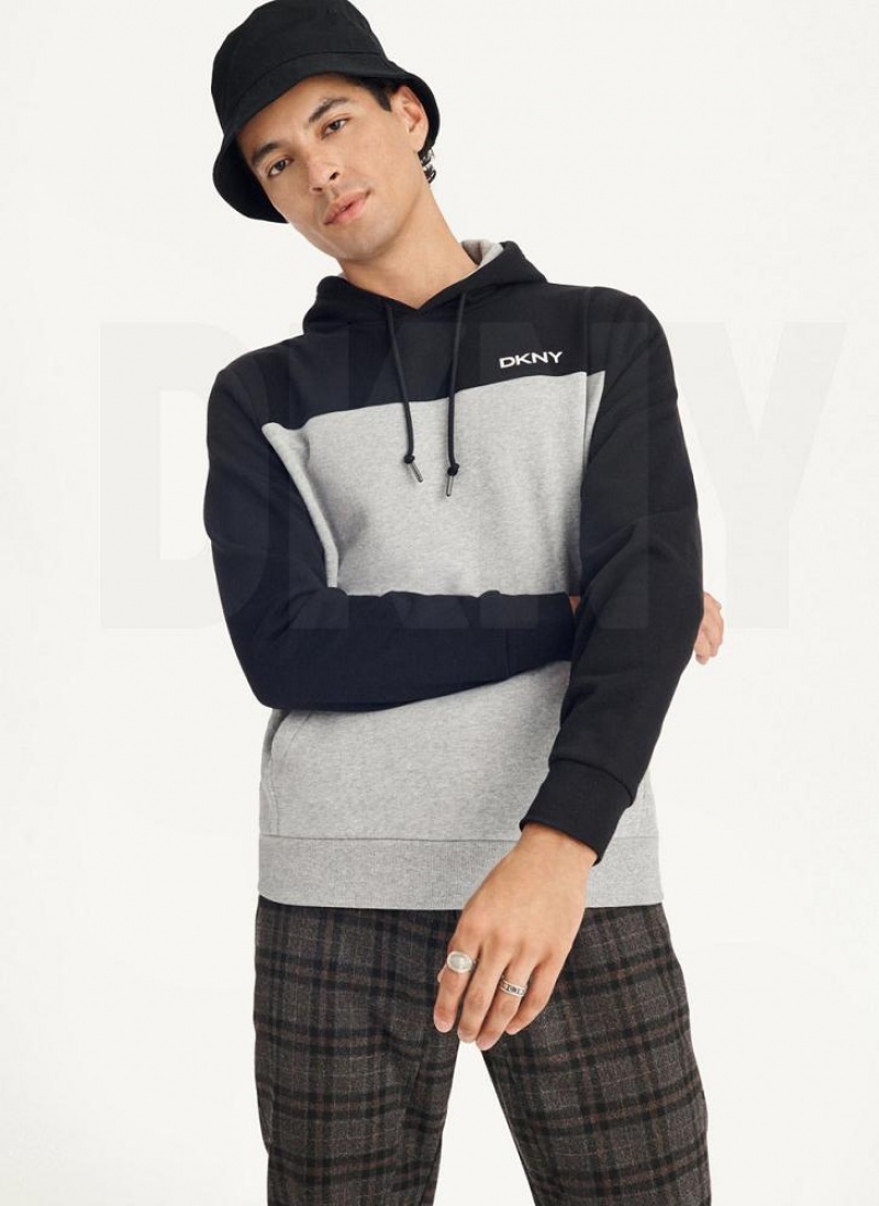Black / Grey Men\'s DKNY Logo Fleece Hoodies | Australia-D0364
