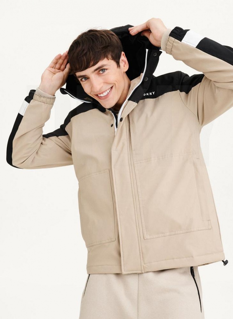 Black / Khaki Men's DKNY Traveler Hooded Rain Jackets | Australia-D1431