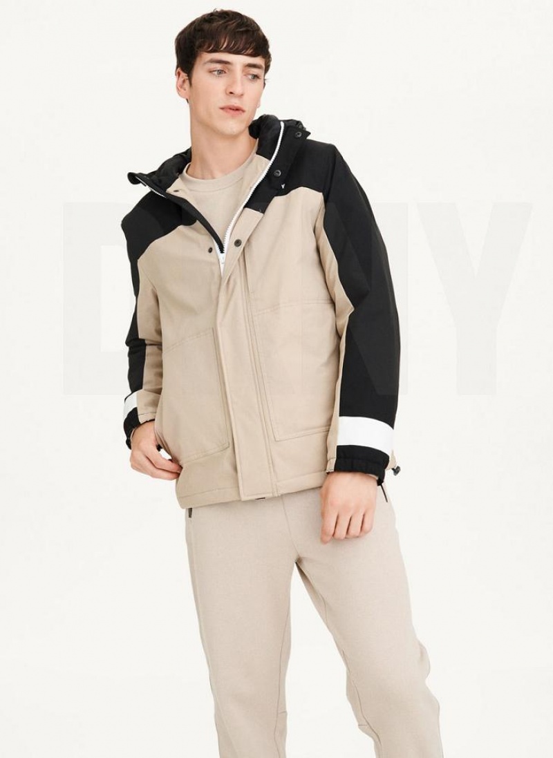 Black / Khaki Men\'s DKNY Traveler Hooded Rain Jackets | Australia-D1431