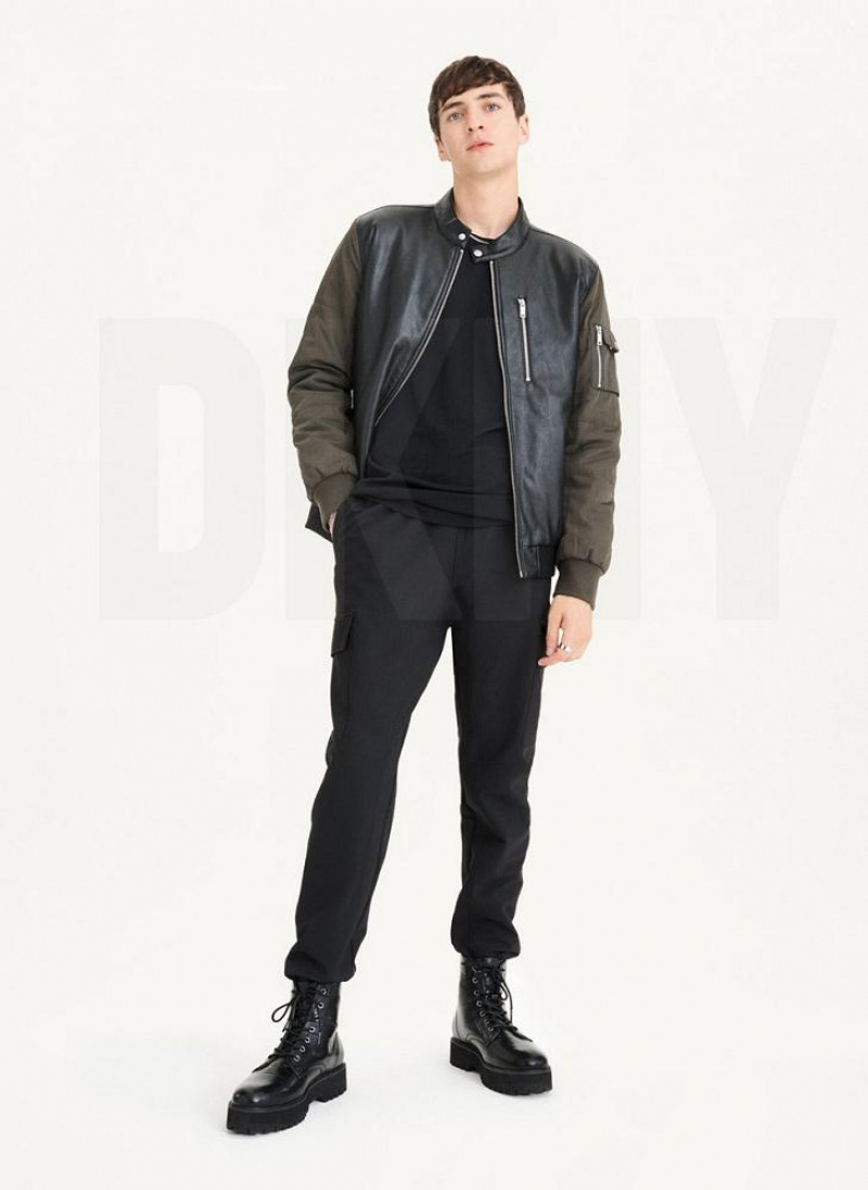 Black / Olive Men's DKNY Mixed Media Faux Leather Bomber Jackets | Australia-D1647