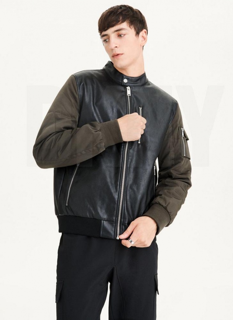 Black / Olive Men's DKNY Mixed Media Faux Leather Bomber Jackets | Australia-D1647