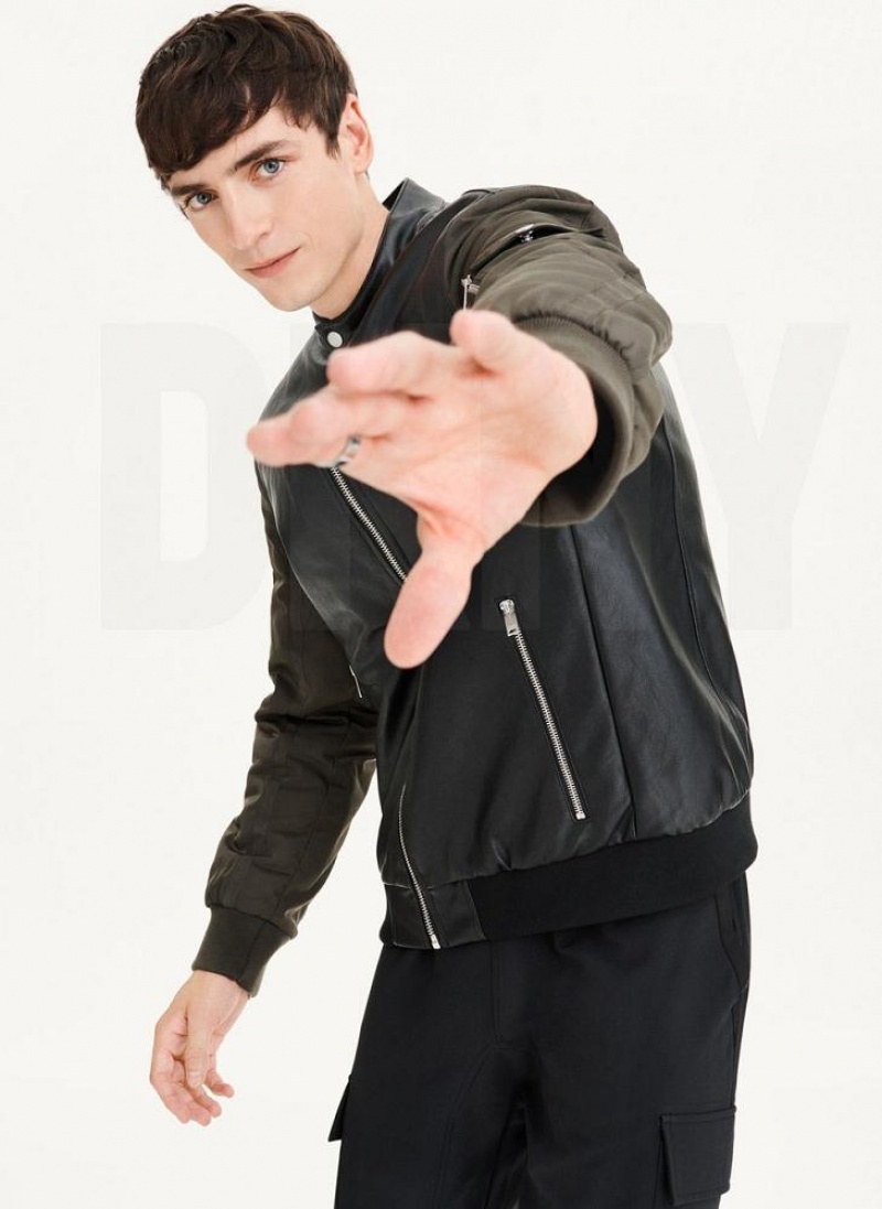 Black / Olive Men's DKNY Mixed Media Faux Leather Bomber Jackets | Australia-D1647