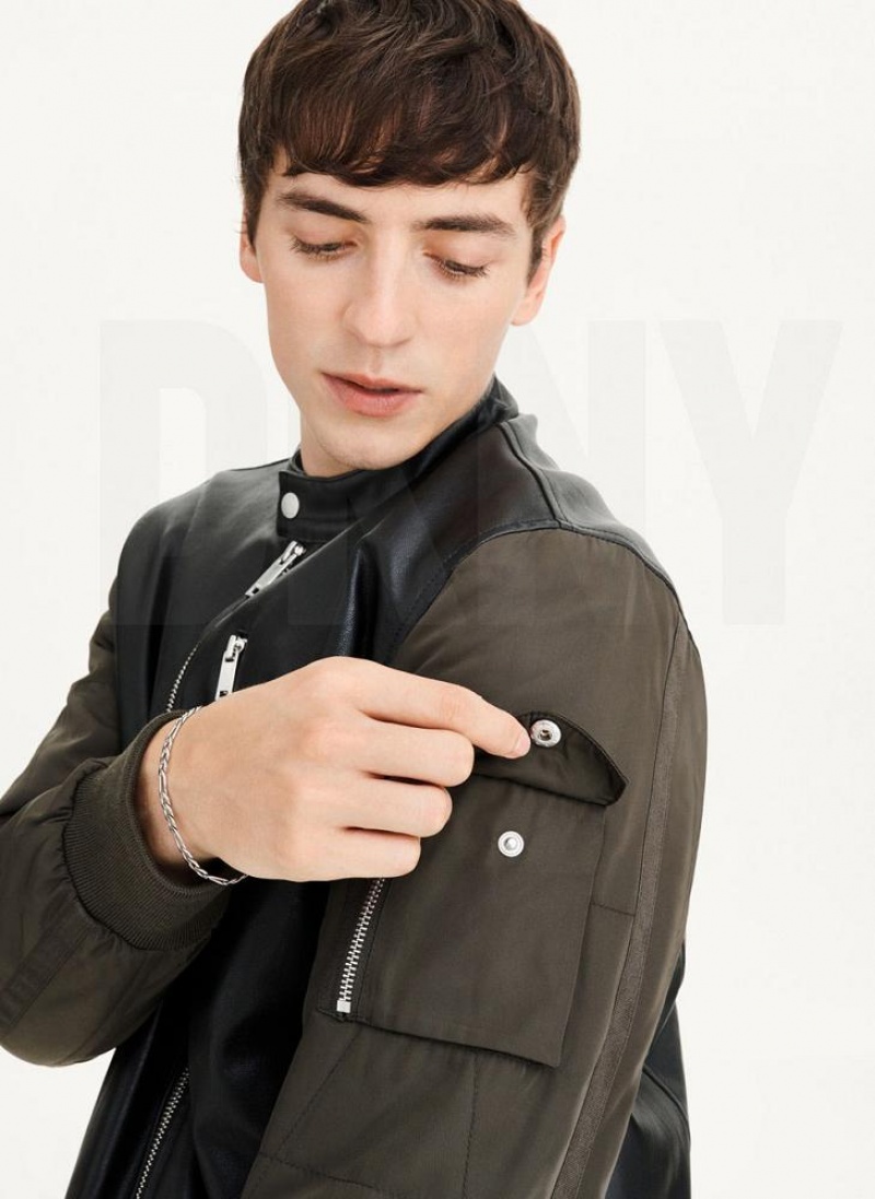 Black / Olive Men's DKNY Mixed Media Faux Leather Bomber Jackets | Australia-D1647