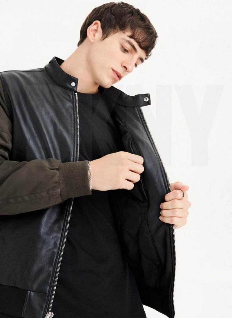 Black / Olive Men's DKNY Mixed Media Faux Leather Bomber Jackets | Australia-D1647