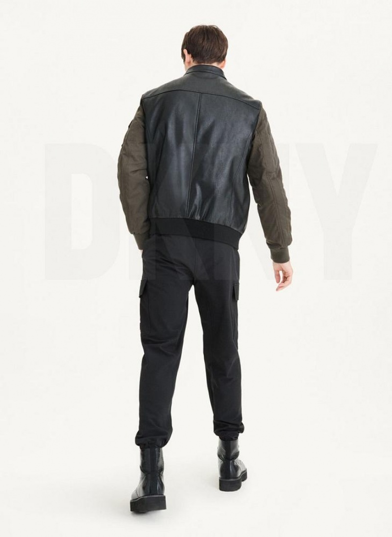 Black / Olive Men's DKNY Mixed Media Faux Leather Bomber Jackets | Australia-D1647