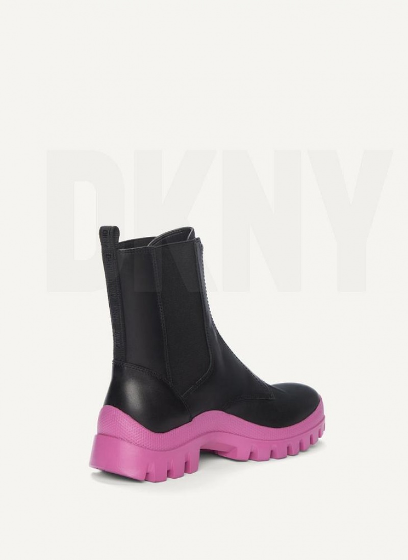 Black / Pink Women's DKNY Contrast Lug Sole Boots | Australia-D1456