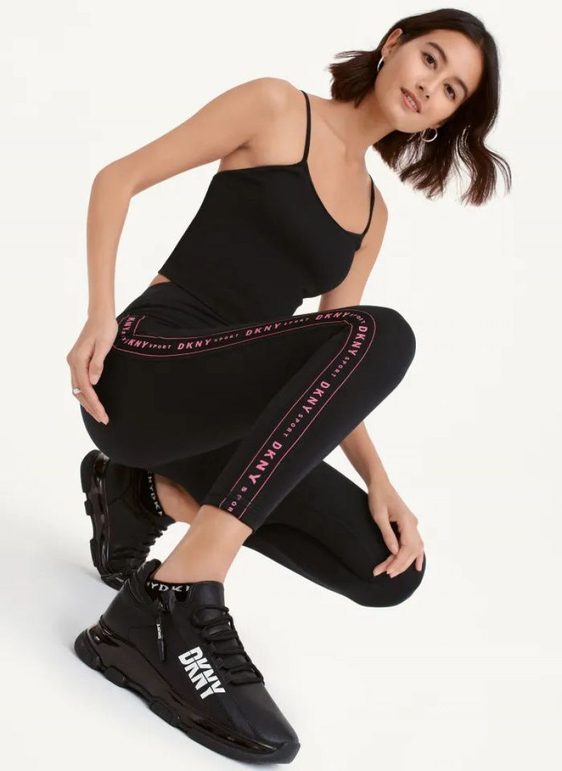 Black / Pink Women's DKNY High Waist 7/8 Tight with Logo Taping Leggings | Australia-D1190