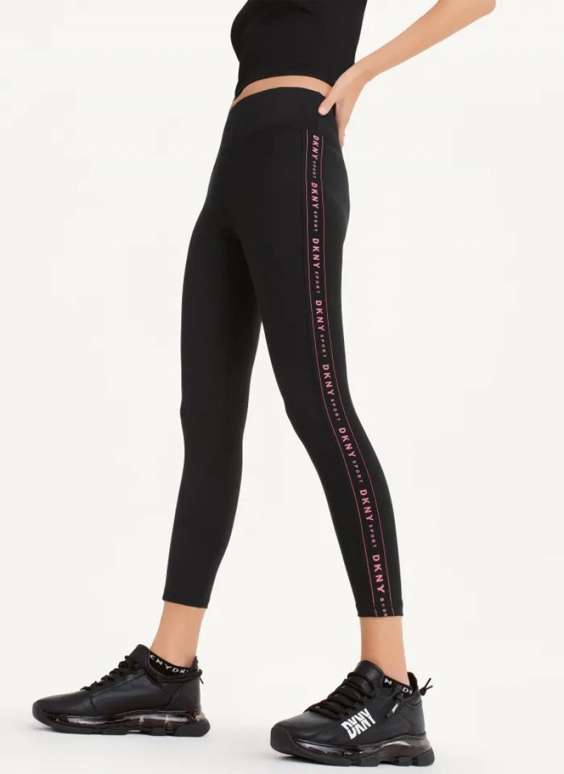 Black / Pink Women\'s DKNY High Waist 7/8 Tight with Logo Taping Leggings | Australia-D1190