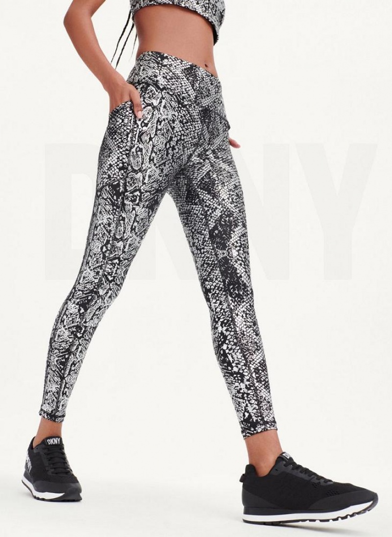 Black / Silver Women\'s DKNY High Waist Metallic Snake Print Leggings | Australia-D1775