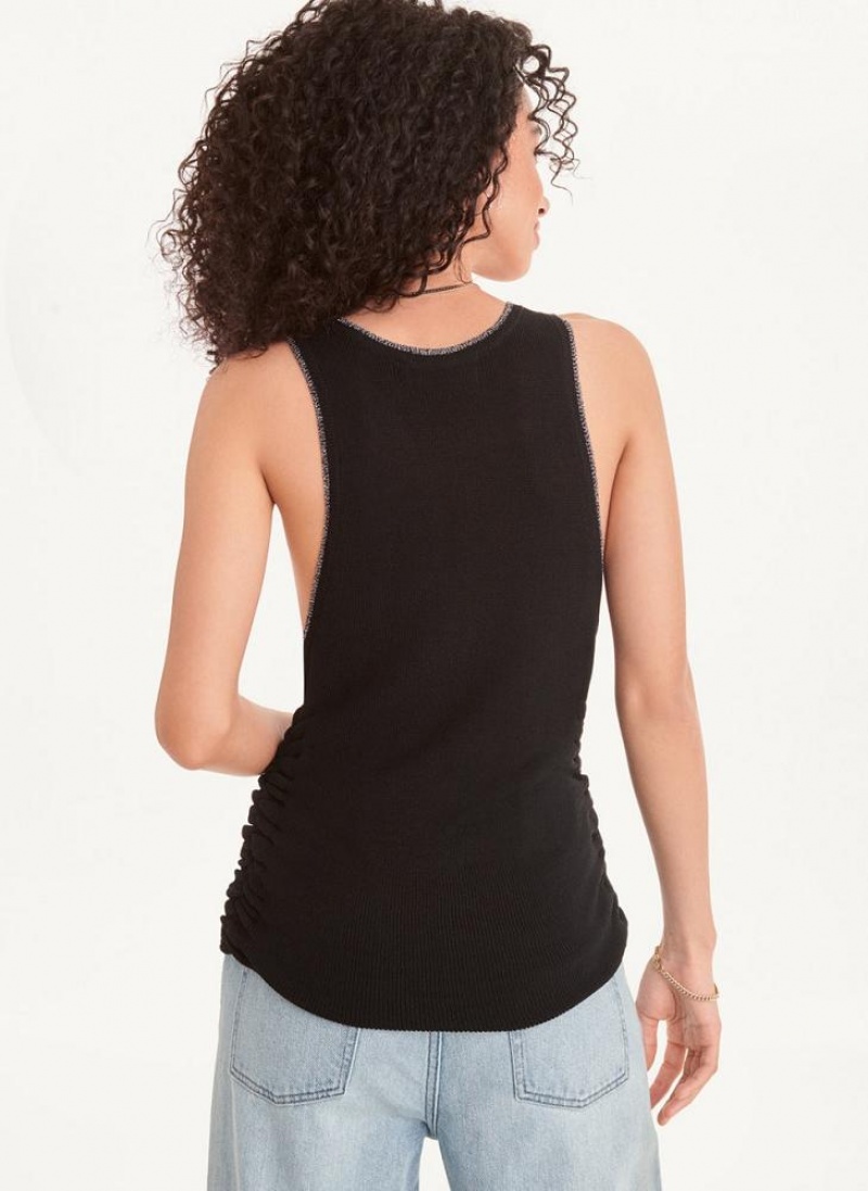 Black / Silver Women's DKNY Lurex Trim Ruched Sweater Tank Tops | Australia-D0966