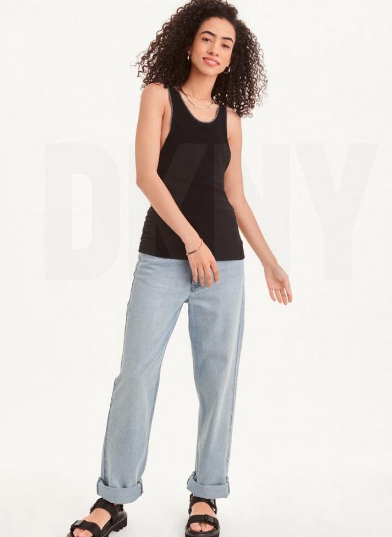 Black / Silver Women's DKNY Lurex Trim Ruched Sweater Tank Tops | Australia-D0966