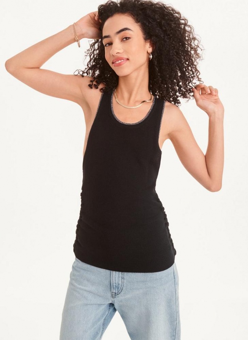 Black / Silver Women\'s DKNY Lurex Trim Ruched Sweater Tank Tops | Australia-D0966