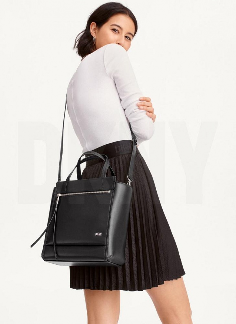 Black / Silver Women's DKNY Pax North-South Tote Bags | Australia-D1892