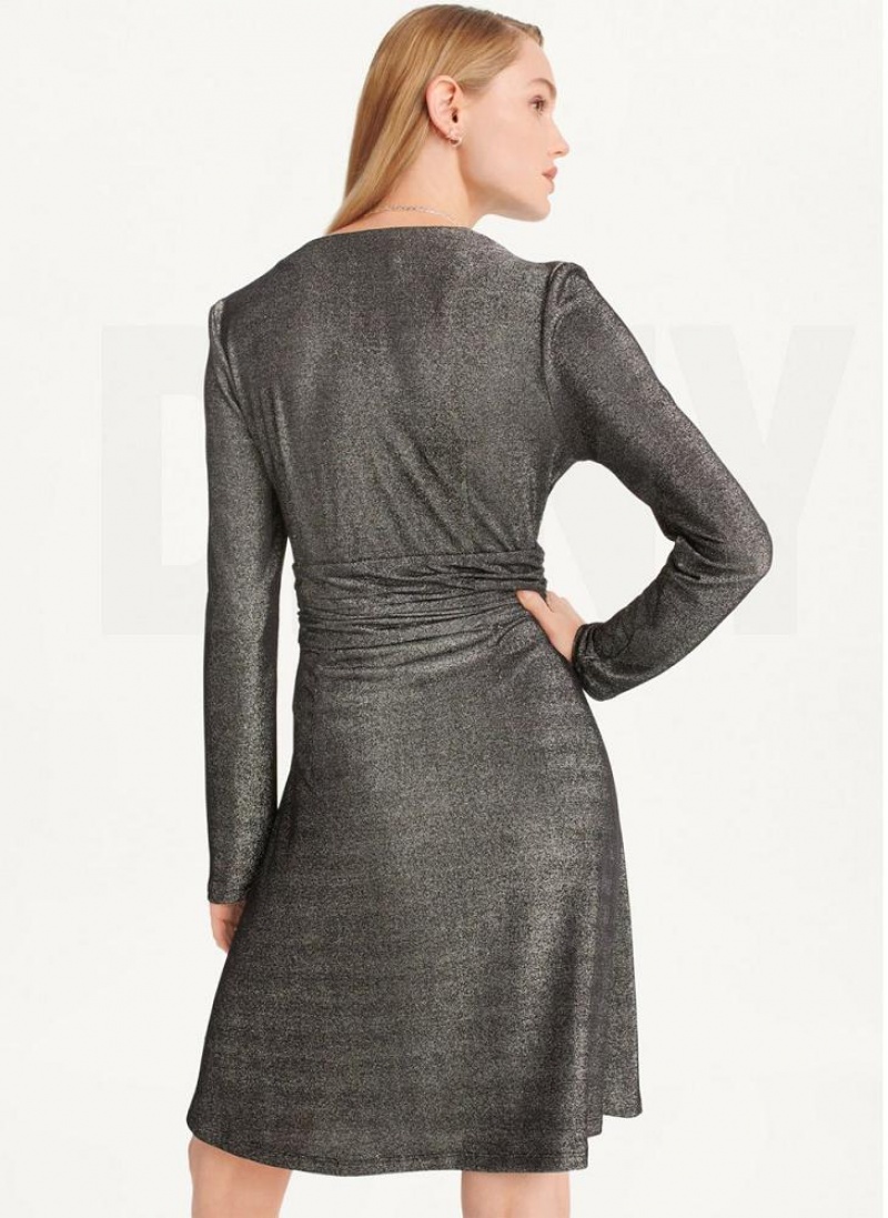 Black / Silver Women's DKNY Sparkle Knit Wrap Dresses | Australia-D0590