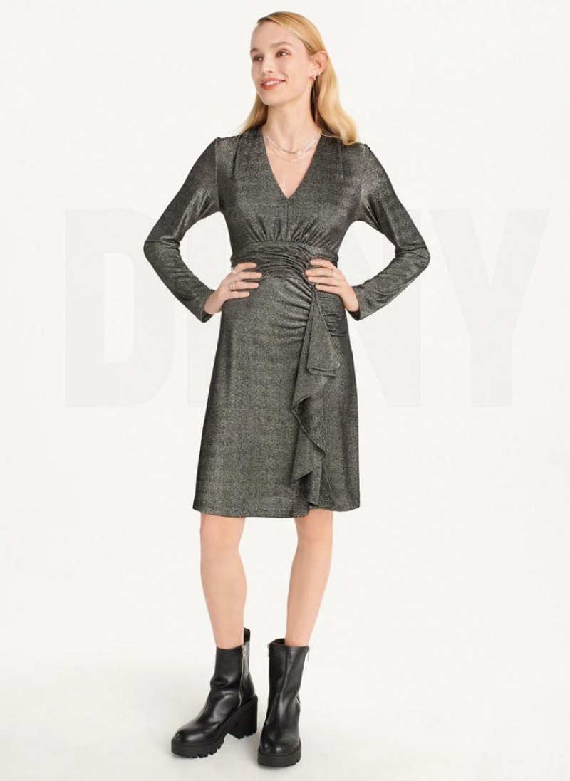 Black / Silver Women's DKNY Sparkle Knit Wrap Dresses | Australia-D0590