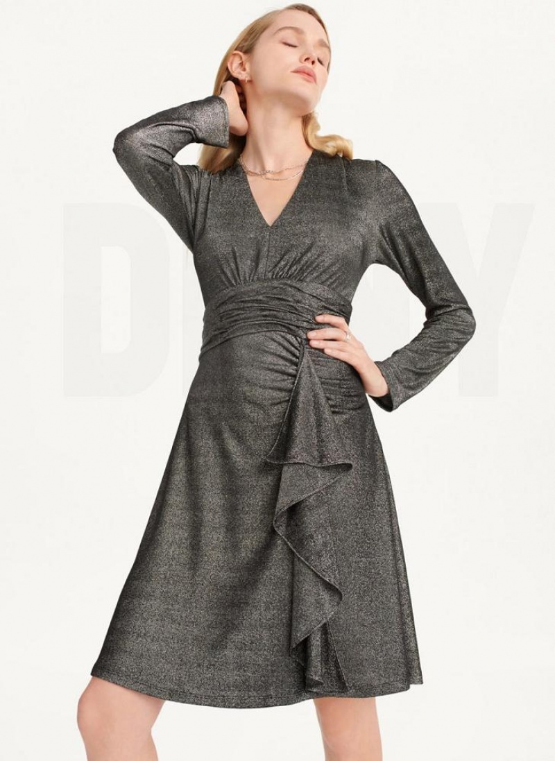 Black / Silver Women\'s DKNY Sparkle Knit Wrap Dresses | Australia-D0590