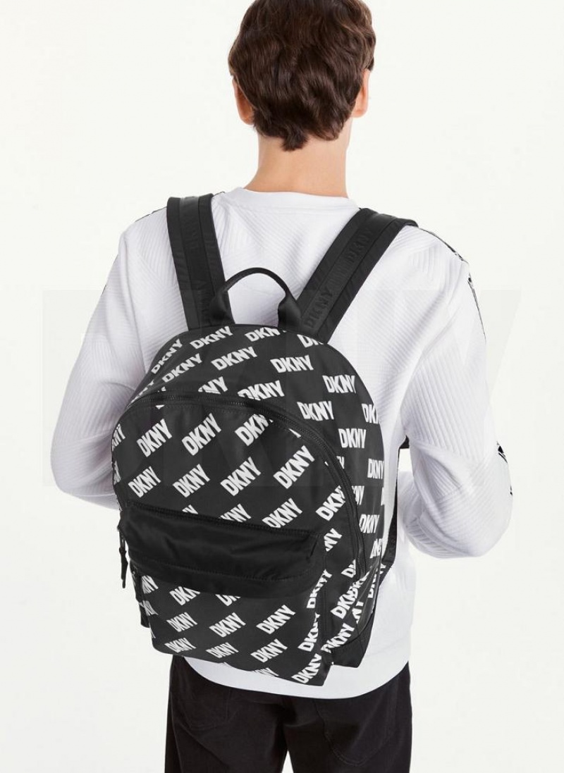Black / White Men\'s DKNY All Over Logo Backpacks | Australia-D0649