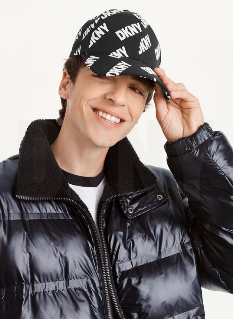 Black / White Men's DKNY All Over Logo Baseball Hats | Australia-D0263