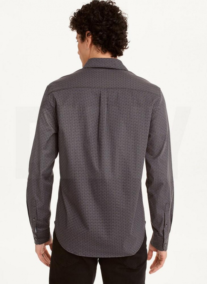 Black / White Men's DKNY Long Sleeve Interlocking Logo Shirts | Australia-D0486