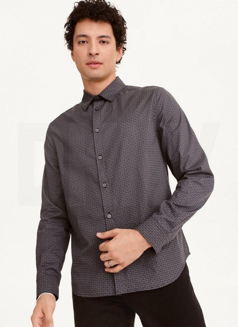 Black / White Men\'s DKNY Long Sleeve Interlocking Logo Shirts | Australia-D0486
