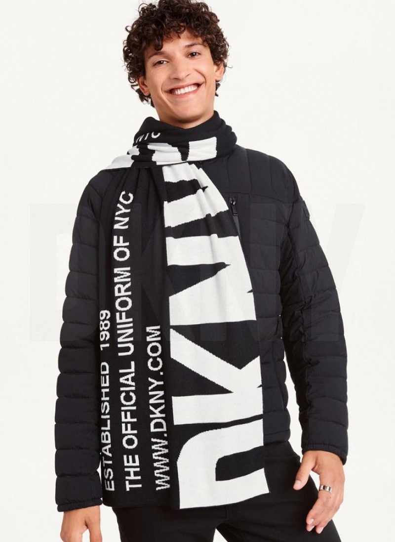 Black / White Men\'s DKNY Mixed Text Scarf | Australia-D0588