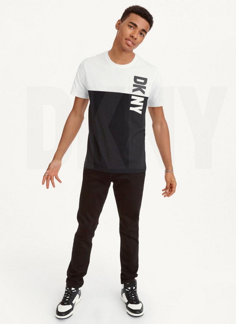 Black / White Men's DKNY Split Logo Crewneck T Shirts | Australia-D0967
