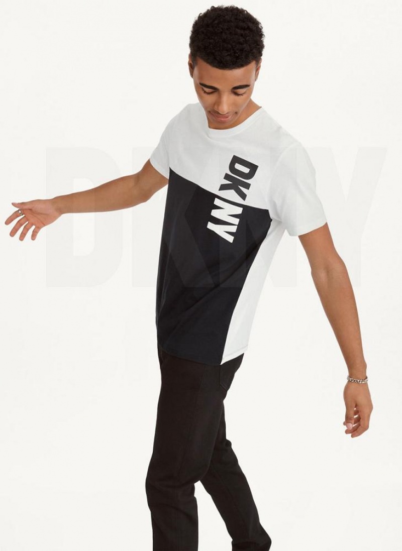 Black / White Men's DKNY Split Logo Crewneck T Shirts | Australia-D0967