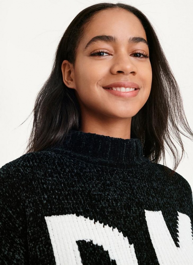 Black / White Women's DKNY Chunky Chenille Logo Sweaters | Australia-D1779