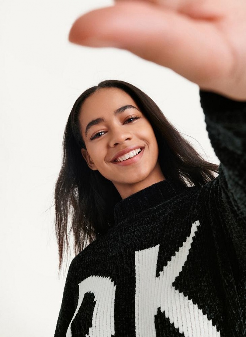 Black / White Women's DKNY Chunky Chenille Logo Sweaters | Australia-D1779