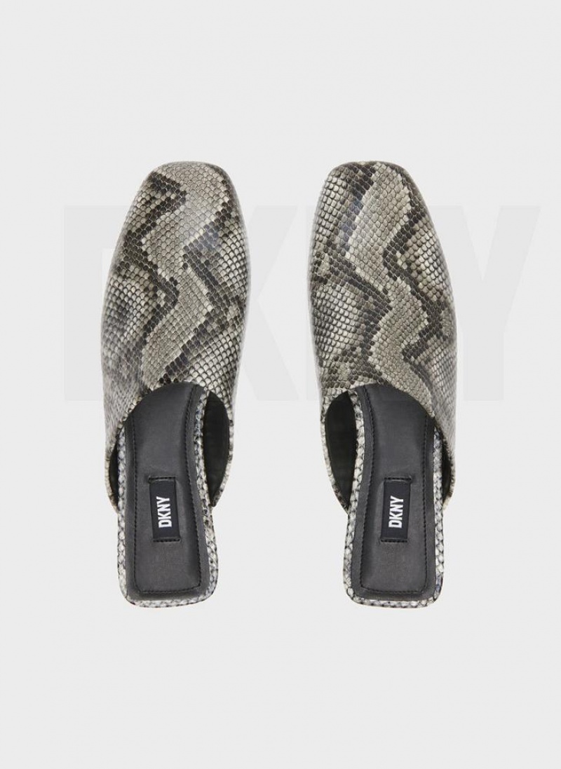 Black / White Women's DKNY Flat Python Slides | Australia-D1561