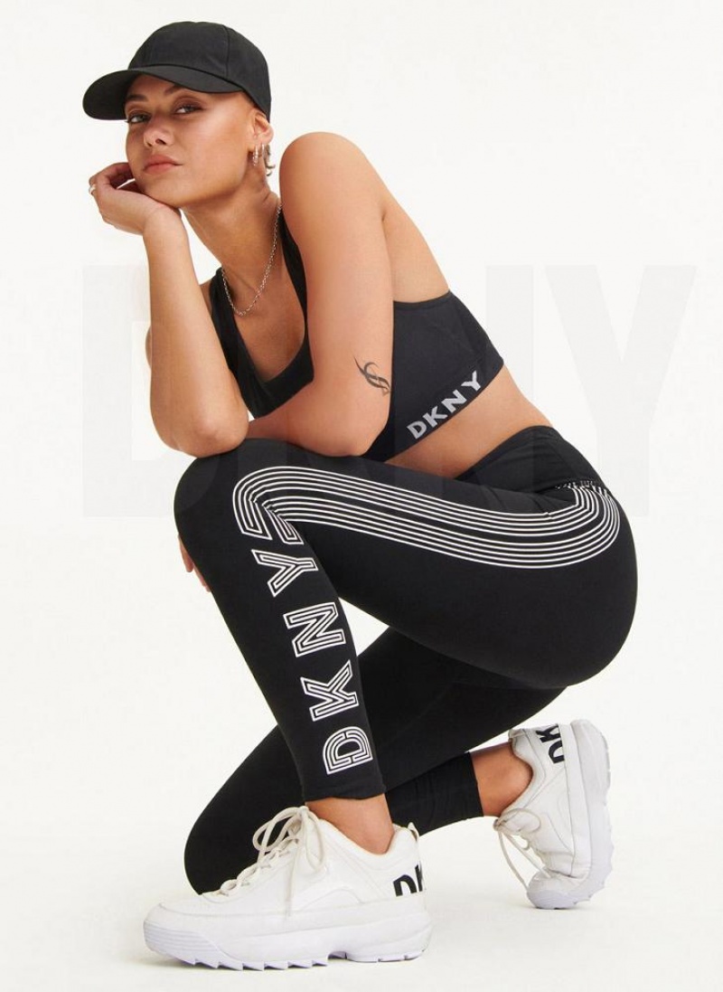 Black / White Women's DKNY High Waist Full Length High Density Logo Leggings | Australia-D1589
