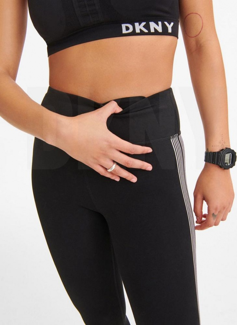 Black / White Women's DKNY High Waist Full Length High Density Logo Leggings | Australia-D1589