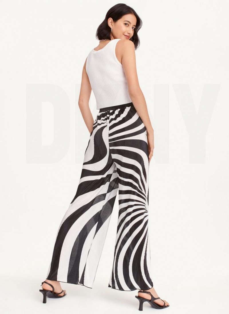 Black / White Women's DKNY High Waisted Pleated Flare Pants | Australia-D1922