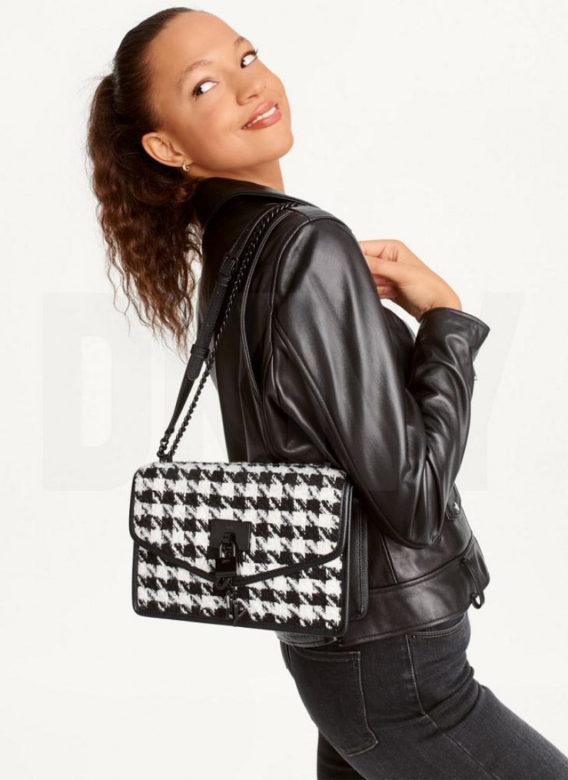 Black / White Women's DKNY Large Elissa Herringbone Crossbody Bags | Australia-D0987
