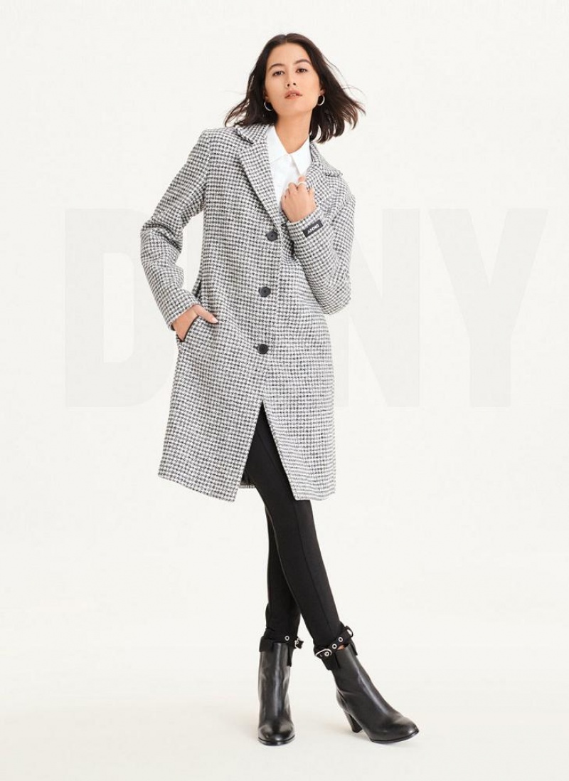 Black / White Women's DKNY Plaid Wool Coats | Australia-D1765