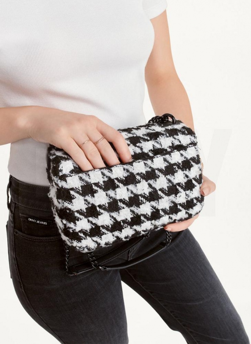 Black / White Women's DKNY Sina Houndstooth Flap Shoulder Bags | Australia-D1208